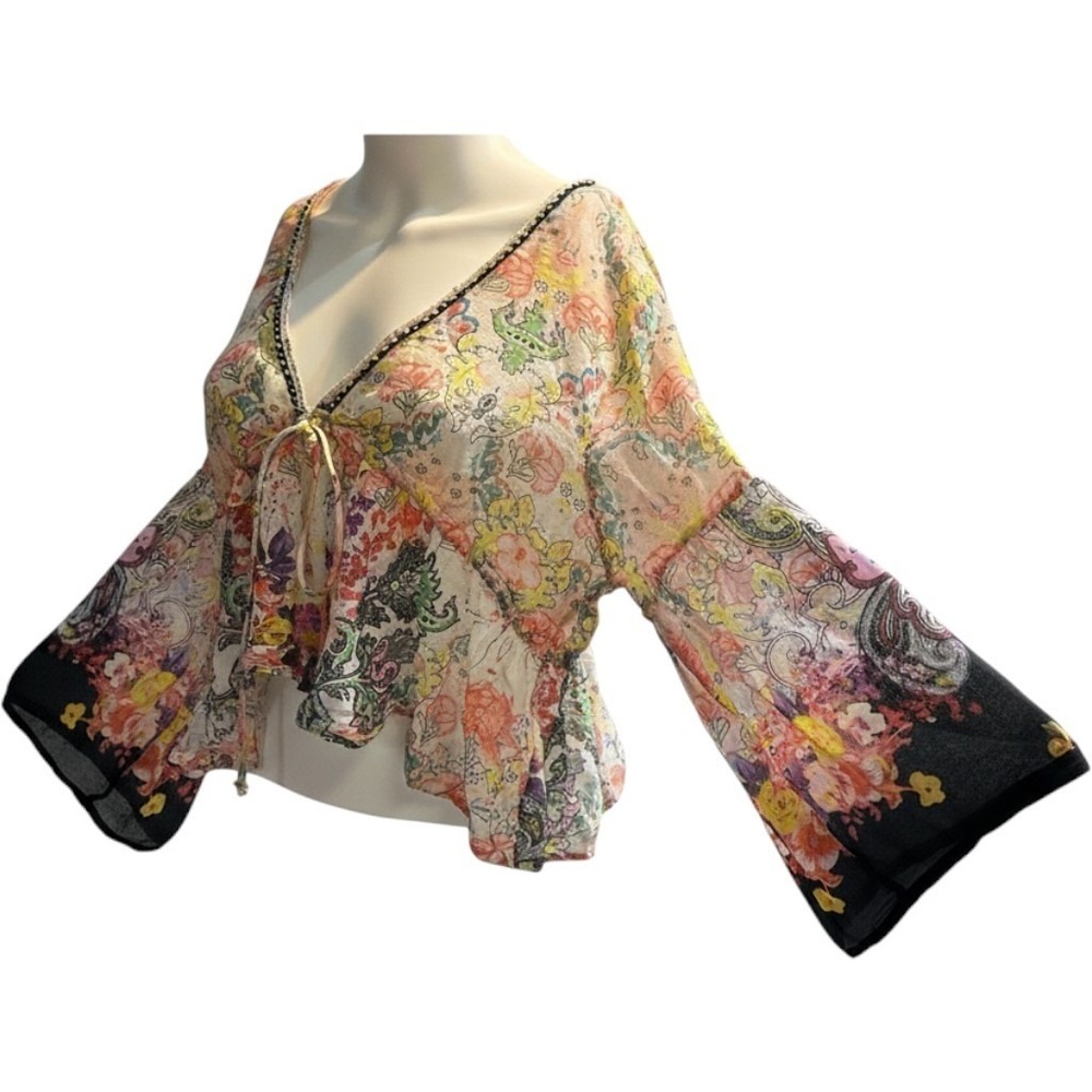 Natural Life Top Sheer Floral Babydoll Cropped Sequin Trim XL Flare Sleeve Boho